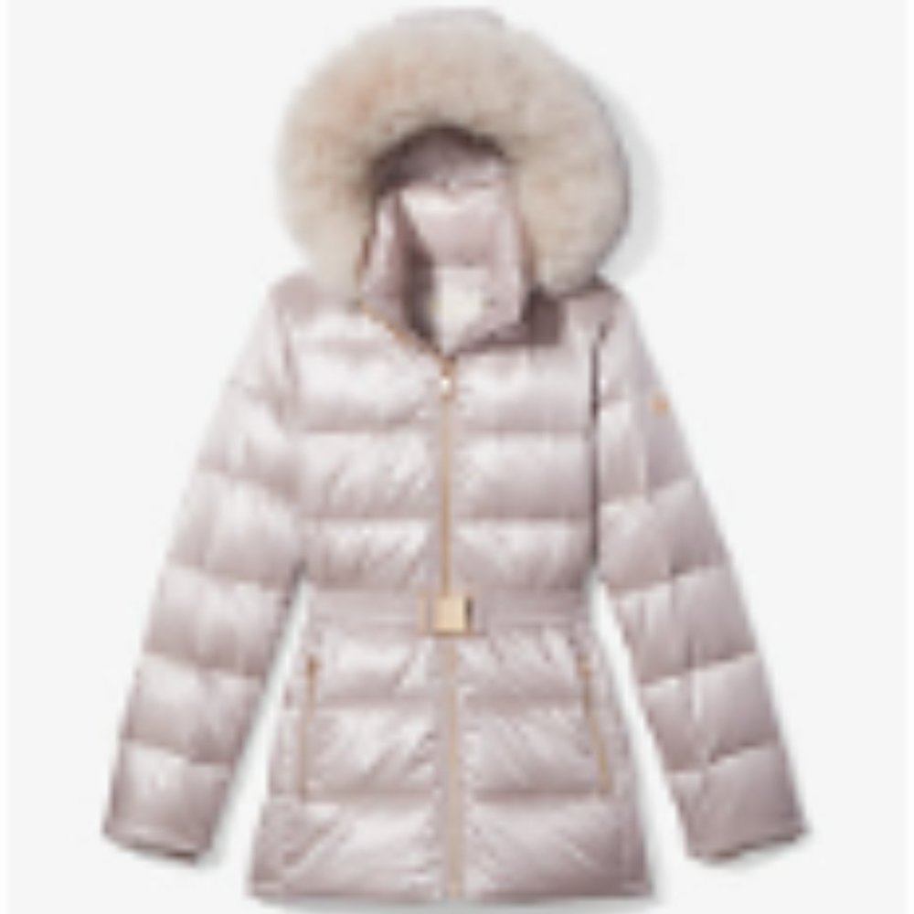 NWT Michael Kors Belted Puffer XS Shiny Champagne Faux Fur Down Coat Gold Accent